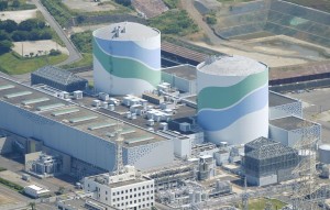 An aerial view shows the No.1 and No.2 reactor buildings at Kyushu Electric Power's Sendai nuclear power station in Satsumasendai